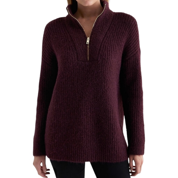 Express Women's Fuzzy Knit Quarter Zip Tunic Sweater Size Large Burgundy - Picture 1 of 5
